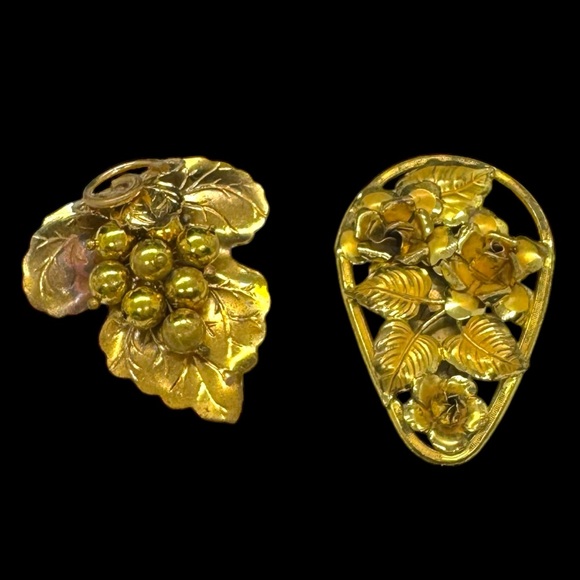 Vintage Gold Plated Over Brass Grape Brooch & Floral Dress Clip - Picture 1 of 9